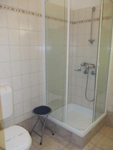 y baño con ducha, aseo y taburete. en Hotel Ovit en Keszthely