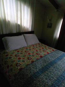 1 cama con 2 almohadas y edredón en Hospedaje familiar, en Coyhaique