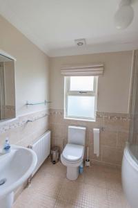 ein Bad mit einem WC, einem Waschbecken und einem Fenster in der Unterkunft Cloughey holiday lodge in Kirkistown