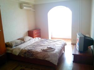 a bedroom with a bed and a tv in it at Homelike flat near the IEC on Levoberezhnaya in Kyiv