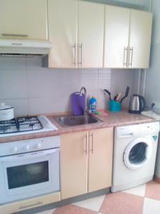 a kitchen with a sink and a washing machine at Homelike flat near the IEC on Levoberezhnaya in Kyiv