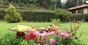 a picnic in the grass with baskets and flowers at Casas del Viento in Villa de Leyva