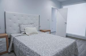 1 dormitorio con 1 cama grande con colcha gris en Plaza Mayor Apartment, en Ourense