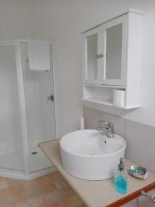 a bathroom with a sink and a white cabinet at Purple Hen Country Lodge in Katikati