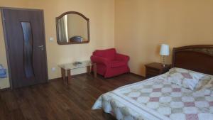 1 dormitorio con silla roja y espejo en Apartman v centru Karlovych Varu, en Karlovy Vary