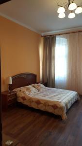 una camera da letto con un letto grande e una finestra di Apartman v centru Karlovych Varu a Karlovy Vary