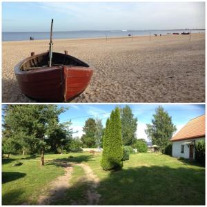 two pictures of a boat on the beach at Useinseldom in Katschow