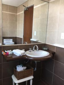 a bathroom with a sink and a mirror at Departamento moderno centrico, vista ciudad, valle y montañas in Salta