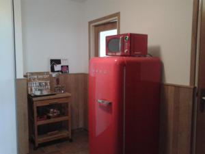 einen roten Kühlschrank mit einer Mikrowelle darüber in der Unterkunft De Hörst in Rossum