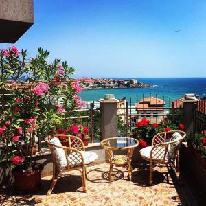 a patio with chairs and flowers and the ocean at Family Hotel Radiana in Sozopol