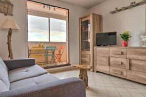 a living room with a couch and a tv and a table at Appartement Le Flamant Rose in Port-la-Nouvelle