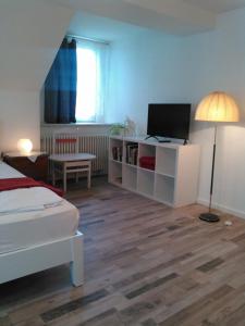 a bedroom with a bed and a desk with a television at Landhotel Possendorf in Weimar