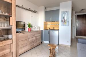 a kitchen with blue cabinets and a counter top at Appartement Le Flamant Rose in Port-la-Nouvelle