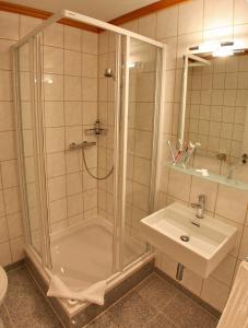 La salle de bains est pourvue d'une douche et d'un lavabo. dans l'établissement Hotel Deutsches Haus, à Hammelburg