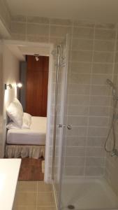 un bagno con doccia e un letto di Alona a Kefar Weradim