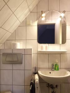 a bathroom with a sink and a mirror at Gästehaus Flensburg Engelsby in Flensburg