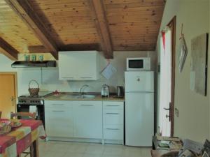 a kitchen with a white refrigerator and a microwave at Appartamento il Bosco in Pievepelago