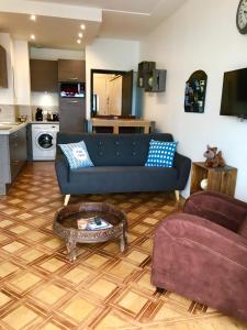- un salon avec un canapé bleu et une table dans l'établissement Le Grand Sud, à Nice