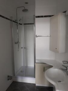 a bathroom with a shower and a sink at Seeblick Apartment/Zimmer in Gmunden