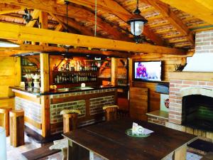 un bar con camino e TV di Penzion Riverside a Vrchlabí