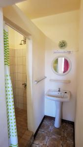 a bathroom with a sink and a mirror at Allamanda Apartments - 100m Bain Boeuf Beach in Bain Boeuf