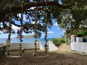 a tree with flowers hanging from it next to the ocean at A Villa by the Sea Bed & Breakfast in Vila Franca do Campo
