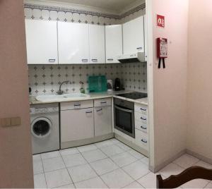 マンタ・ロータにあるDon Rodrigues Apartment - Manta Rotaのキッチン(シンク、洗濯機付)