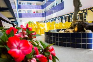 a room with yellow chairs and a fountain with red flowers at Hotel Diamantina - By UP Hotel - em Guarapari in Guarapari