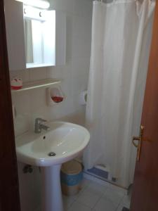 a bathroom with a sink and a shower curtain at Flamingo Apartments in Palekastron