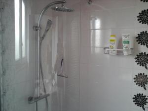 a shower with a glass door in a bathroom at Chez Evelyne chambre d'hôtes chez l'habitant in Verdun
