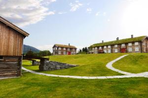 ein grasbewachsener Hof mit Häusern und einem Steinweg in der Unterkunft Bjerkeløkkja Bed and Breakfast in Oppdal + 24 Fotos