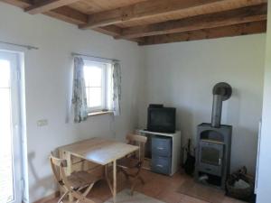 a living room with a table and a wood stove at FerienGut Dalwitz Kitzklause in Walkendorf