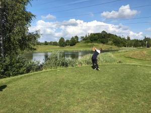 a person jumping in the air with a kite in a field at Gl.Hastrup Guesthouse in Køge