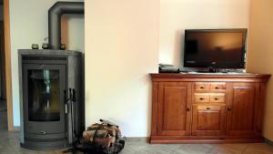 een kamer met een open haard, een televisie en een houten kast bij Haus Ferienromantik in Pirna