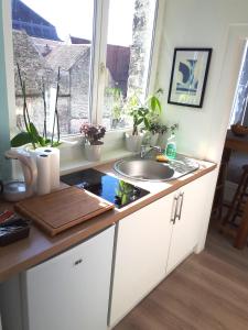 eine Küchentheke mit einem Waschbecken und einem Fenster in der Unterkunft Le Coquet in Saint-Omer