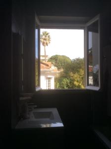 カンヌにあるSantiagoのヤシの木の景色を望むバスルームの窓(シンク付)