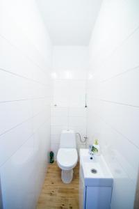 biała łazienka z toaletą i umywalką w obiekcie Apartament pracowniczy w mieście Stalowa Wola