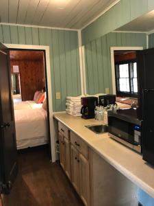 a kitchen with a sink and a bed in a room at Riverside Lodge at Chimney Rock in Chimney Rock