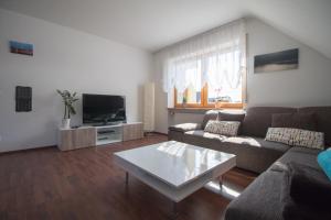 ein Wohnzimmer mit einem Sofa und einem Couchtisch in der Unterkunft Ferienwohnung Weiher - Nähe Nürnberg / Messe in Schwanstetten