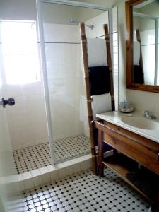 a bathroom with a shower and a sink at Coconut Palms On The Bay in Hervey Bay
