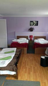 two beds in a room with purple walls and wooden floors at Nino Khetaguri Guest House in Stepantsminda