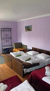 two beds in a room with purple walls at Nino Khetaguri Guest House in Stepantsminda