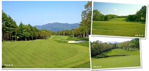 a collage of four pictures of a golf course at Goroji Bekkan in Kusatsu