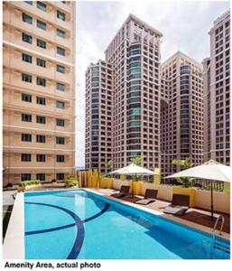 a swimming pool in front of some tall buildings at Ortigas inn in Manila