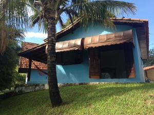 a blue house with a palm tree in front of it at Pousada Som das Águas Bueno Brandão in Bueno Brandão