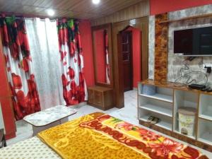 um quarto com uma cama e uma televisão de ecrã plano em RidgeView Homestay near Lakkar Bazar em Shimla