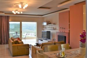 een woonkamer met banken, een tv en een open haard bij Country house in nature in Kerásia