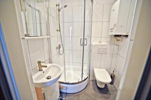 ein Bad mit einer Dusche, einem Waschbecken und einem WC in der Unterkunft Red Apartment Czyżewskiego by Grand Apartments in Sopot