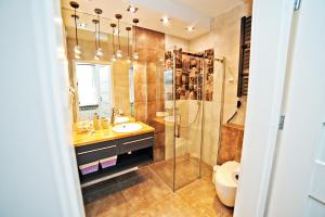 ソポトにあるAmber Apartment by Grand Apartmentsのバスルーム(シャワー、洗面台、トイレ付)