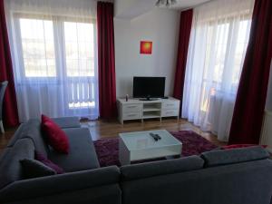 ein Wohnzimmer mit einem Sofa und einem TV in der Unterkunft Sunny apartmány Veľká Lomnica in Veľká Lomnica